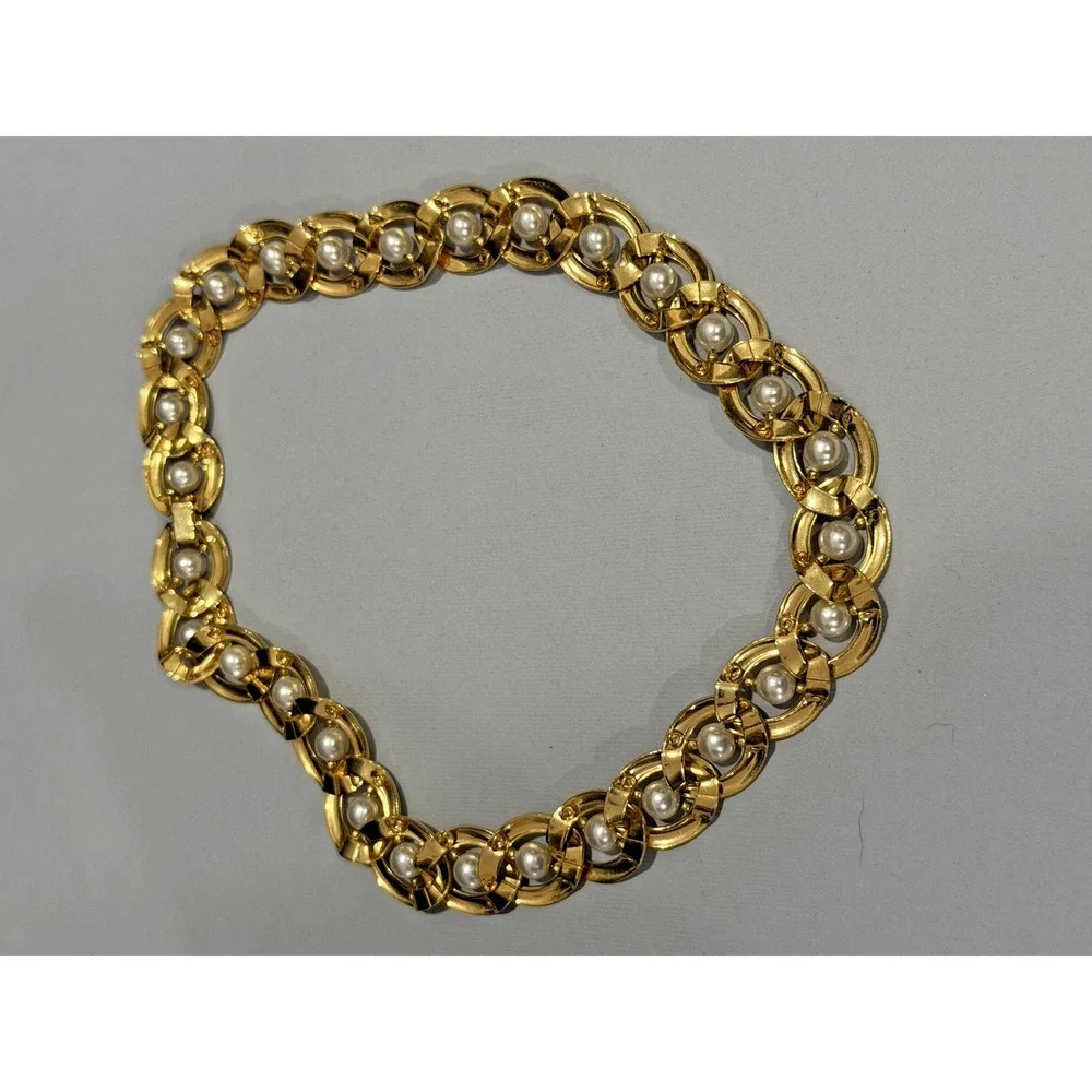 Vintage Gold Tone Imitation Caged Pearl Link Necklace Chunky Collar Necklace